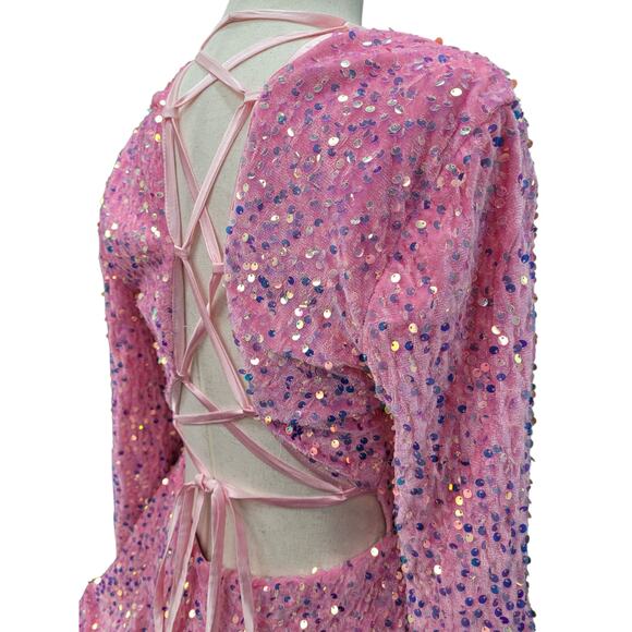 NWT Bubblegum Pink Sequin Short Dress Long Sleeves Open Corset Back - Picture 9 of 10